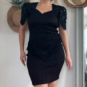 Vintage 80s 90s Why Design Collection Sequin Fringe Black Dress